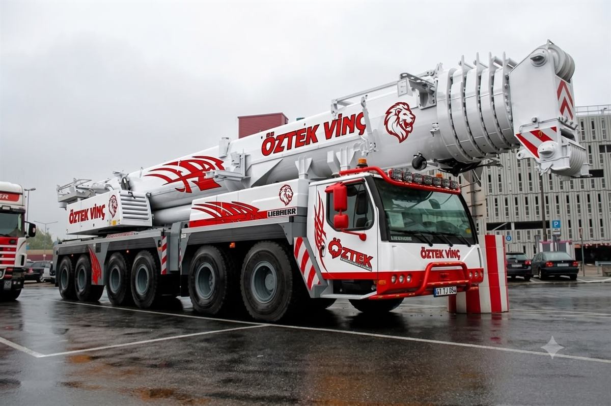 Öztek Vinç'e ait beyaz-kırmızı büyük tonajlı mobil vinç